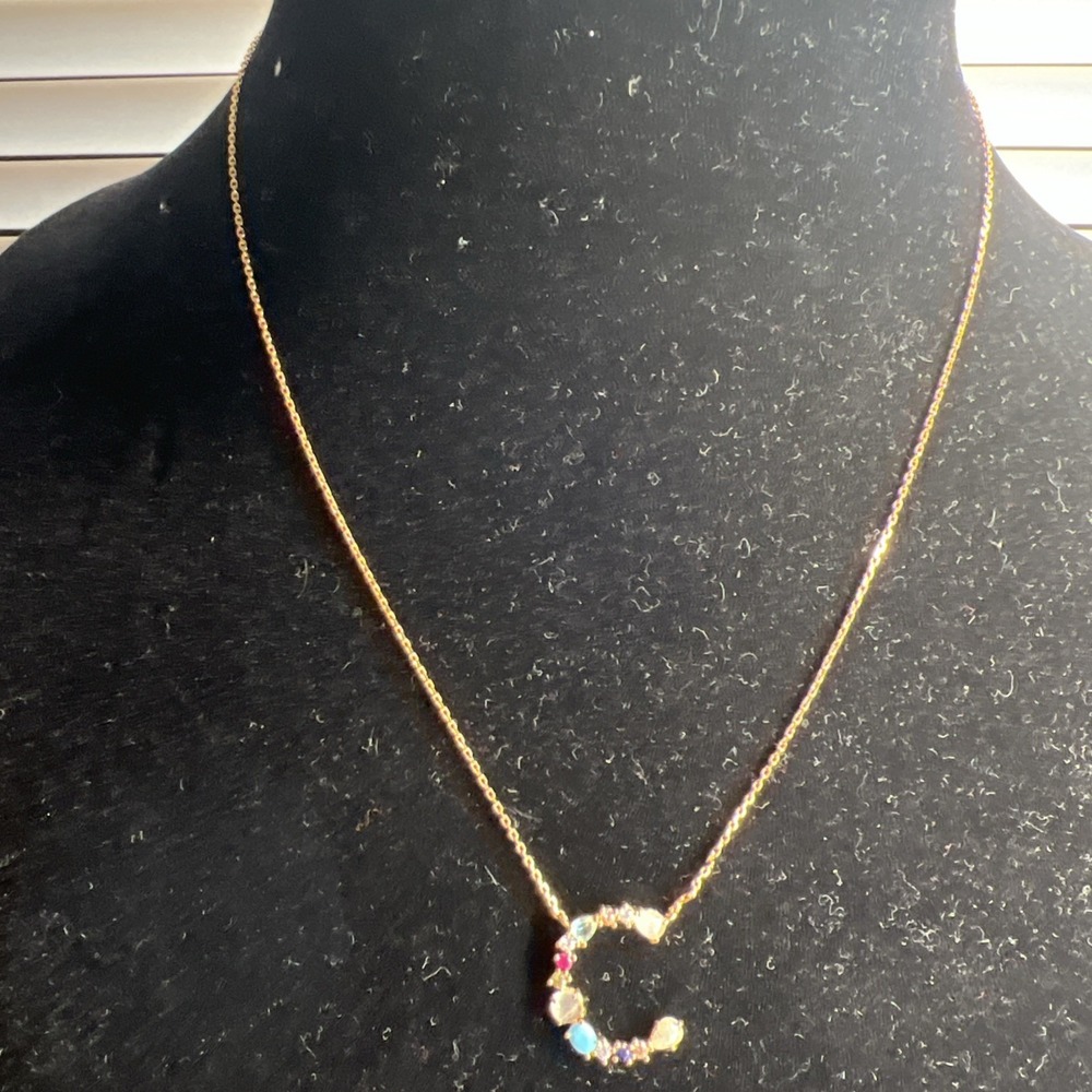 Gold Initial Letter Necklace Crystal Rainbow Rhinestone C TAI